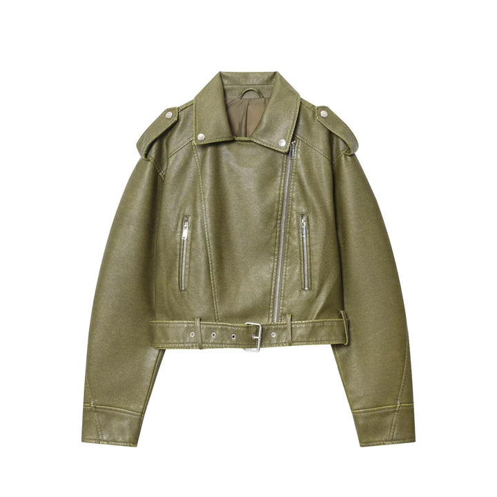 Fashionable women's biker jacket in a vintage look with a belt at the waist and zip pockets Lune London