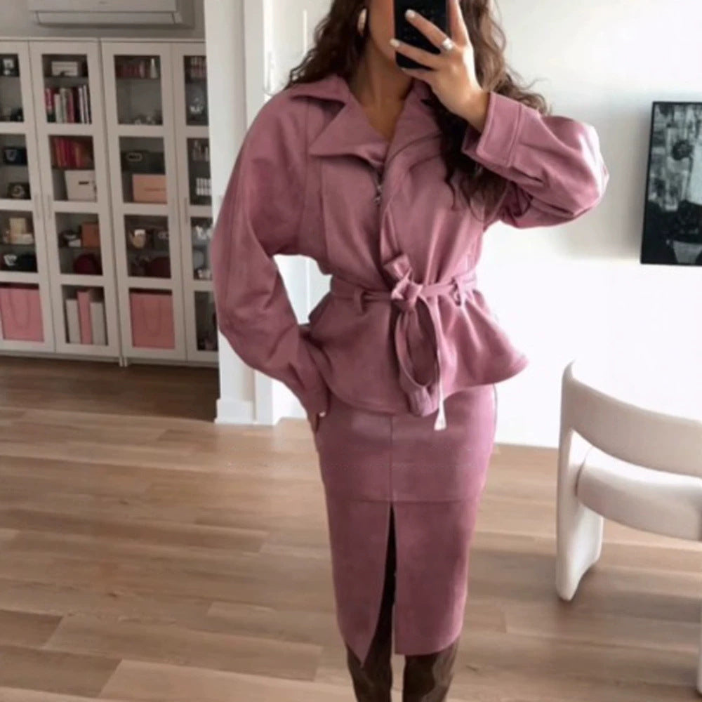 Women Two-Piece Velour Set with Fitted Wrap Blazer and Midi Skirt with Front Slit Amarae