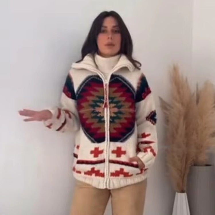 Women's Jacquard Cardigan with Navajo Pattern, Zipper and High Collar Amarae