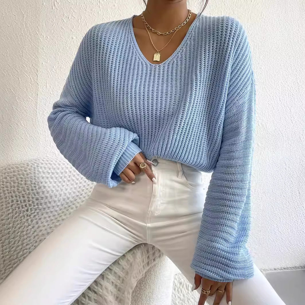 Casual knitted sweater for women with V-neck and wide sleeves Lune London