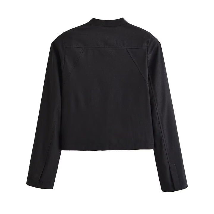 Women's cropped short jacket with stand-up collar, boxy silhouette and minimalist yoke.