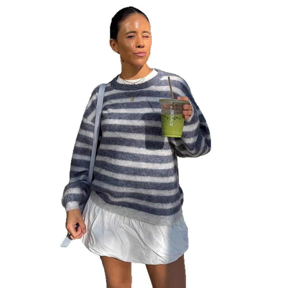 Women Striped Mohair-Mix Oversized Sweater with Balloon Sleeves Amarae