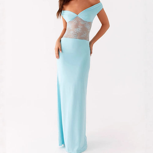 Elegant Off-Shoulder Maxi Dress with Sheer Lace Top and Fitted Elastic Hem Amarae