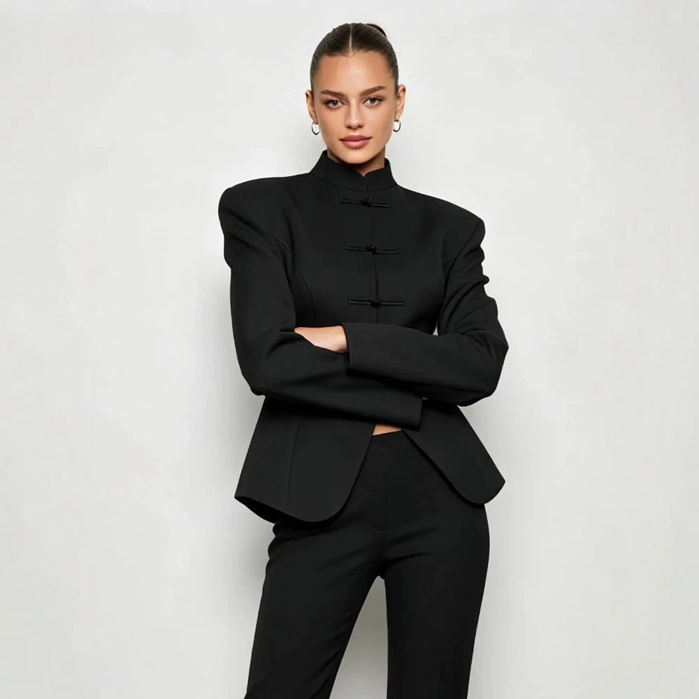Women's Sculpted Blazer with Stand Collar, Decorative Knot Closures and Tailored Silhouette Amarae