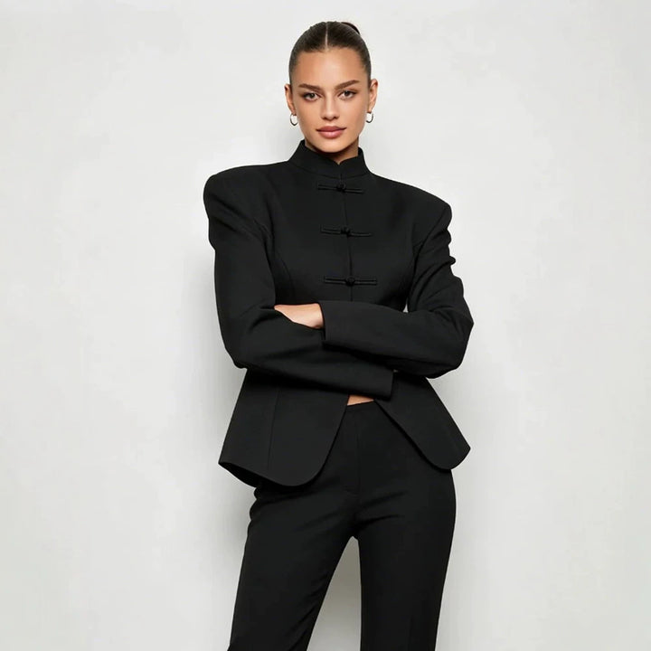 Women's Sculpted Blazer with Stand Collar, Decorative Knot Closures and Tailored Silhouette Amarae