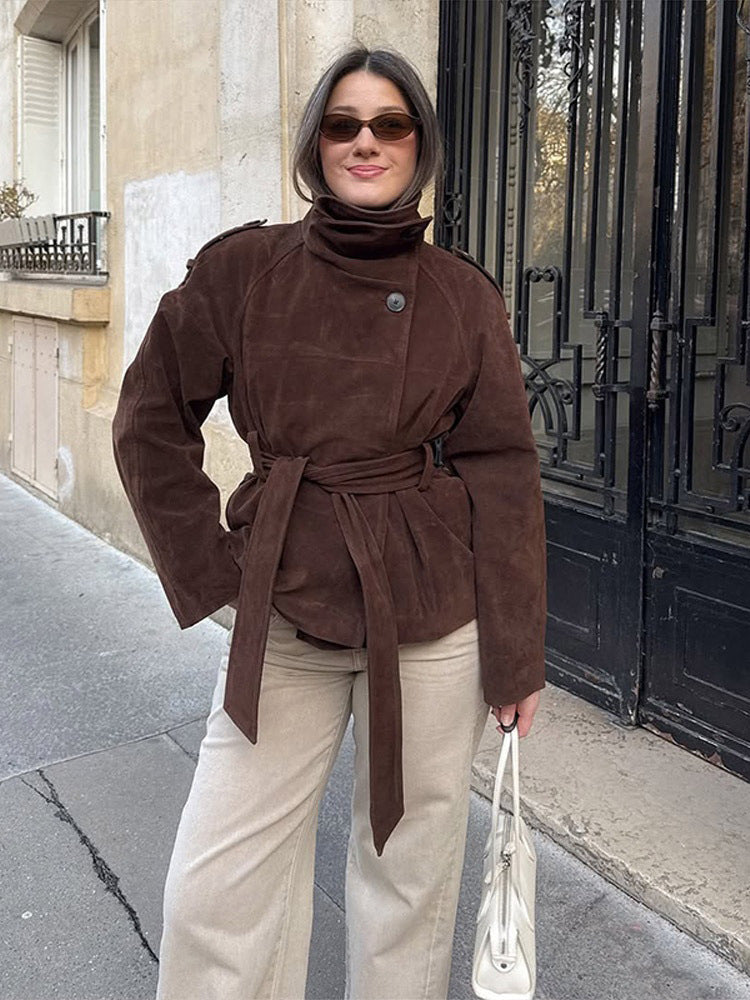 Women's short jacket made of suede with a high stand-up collar and tie belt Amarae