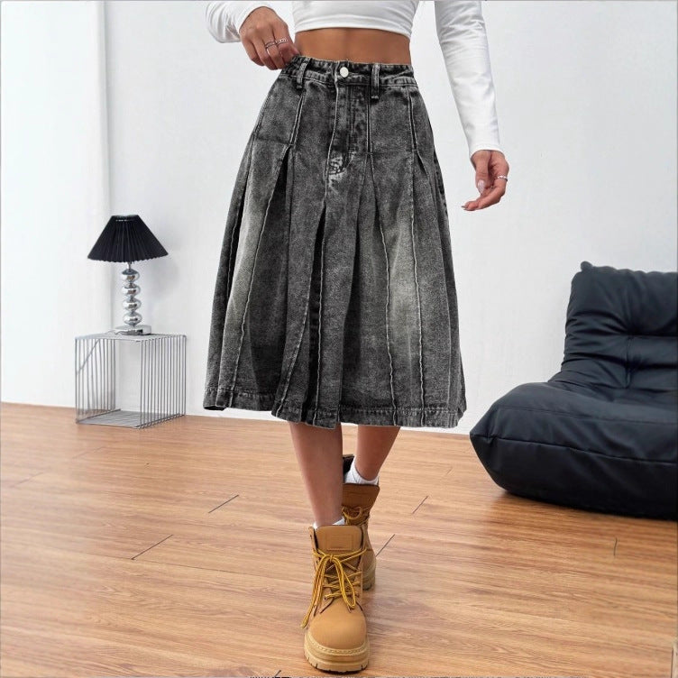 Ladies midi skirt made of denim with vintage wash, pleats and high waist Amarae