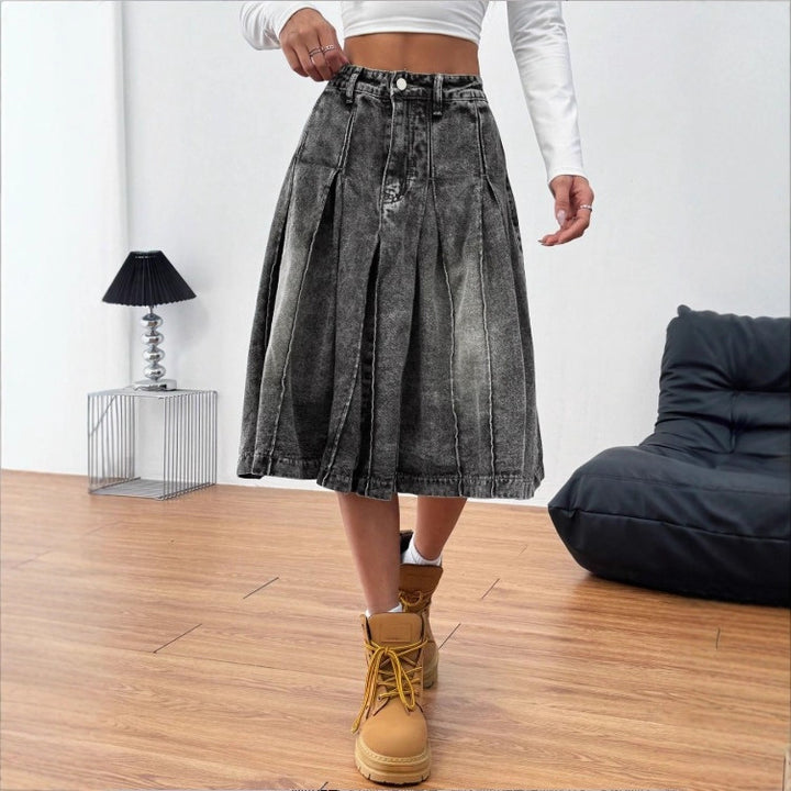Ladies midi skirt made of denim with vintage wash, pleats and high waist Amarae