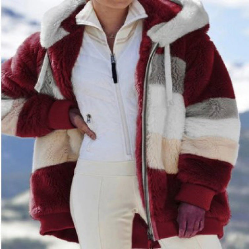 Women's Striped Oversized Teddy Jacket with Hood, Zipper and Ribbed Cuffs Amarae
