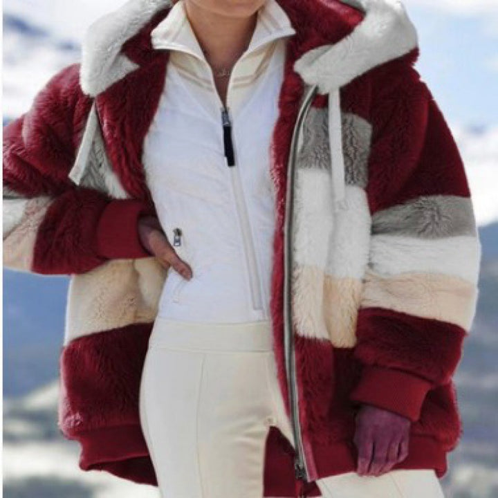 Women's Striped Oversized Teddy Jacket with Hood, Zipper and Ribbed Cuffs Amarae