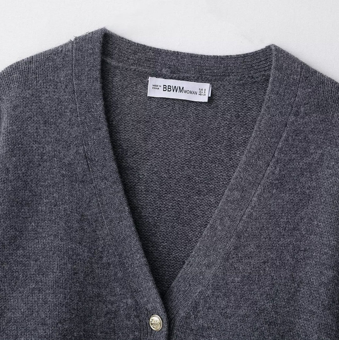 Women's Plus Size Wool Blend Cardigan with V-Neck, Gold Decorative Buttons and Flap Pockets Amarae