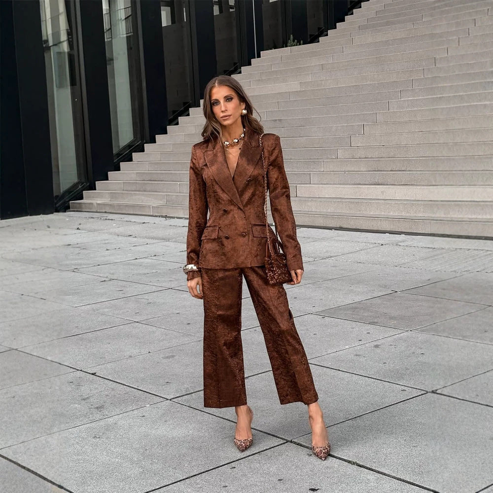 Women Double-Breasted Velvet Blazer and Cropped Pants Co-Ord Set Amarae