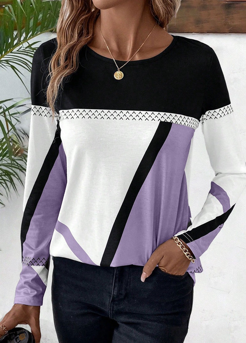 Women's Long Sleeve Shirt with Graphic Colorblock Design and Round Neck Amarae