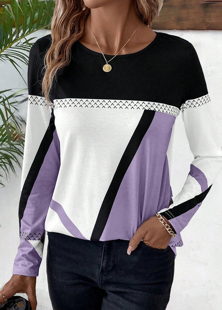 Women's Long Sleeve Shirt with Graphic Colorblock Design and Round Neck Amarae