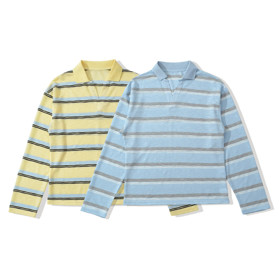 Men's knit polo shirt with open V-neck and fine stripe pattern Amarae
