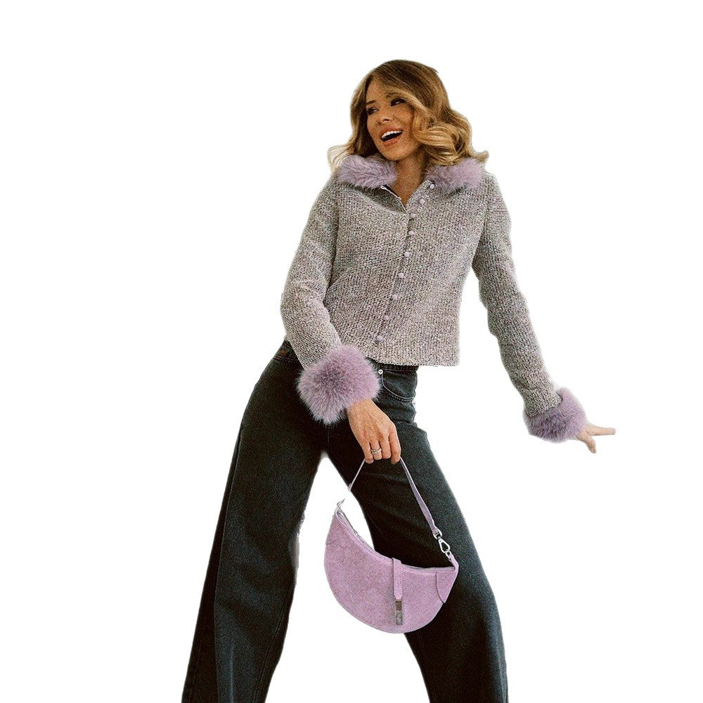 Women's Boucle Jacket with Removable Faux Fur Collar and Fur Cuffs Amarae