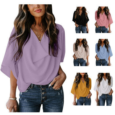 Elegant blouse for women with draped V-neck and loose sleeves Amarae