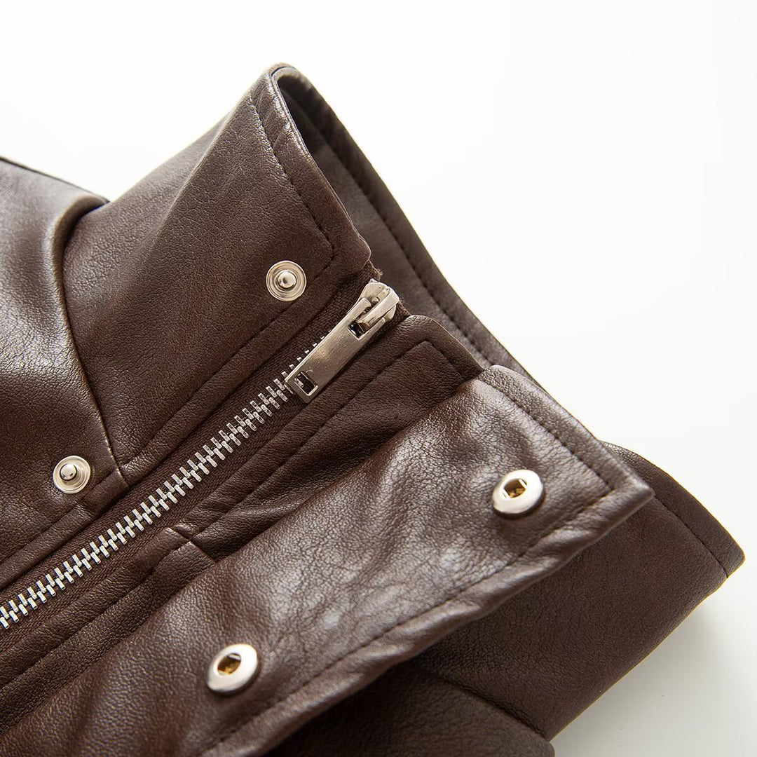 Ladies Cropped Leather-look Jacket with Tailored Corset Division and Standing Collar Amarae