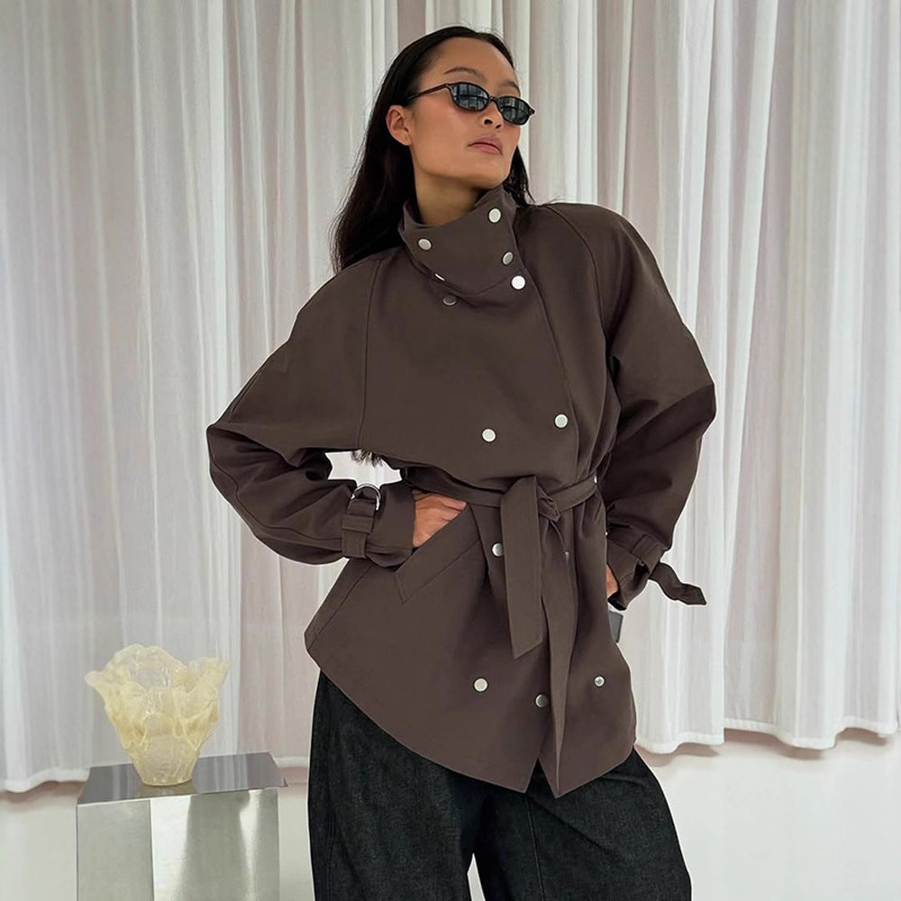 Women's Tailorable Oversized Short Trench Coat with High Stand Collar, Snap Button Front and Belt Amarae