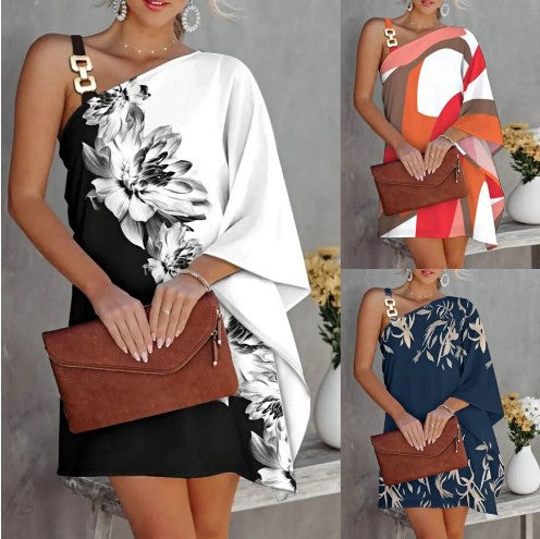 Asymmetrical one-shoulder dress for women with floral design Lune London