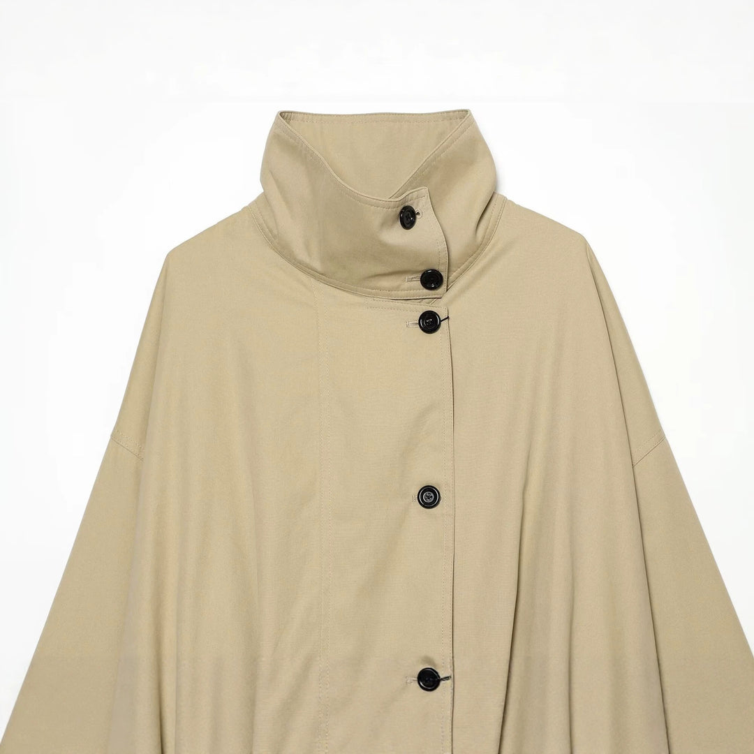Women Short Cape Jacket with High Funnel Collar, Boxy Silhouette and Dropped Shoulders Amarae