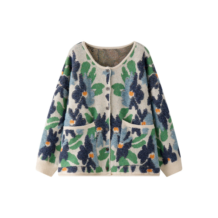 Women Patterned Chunky Knit Cardigan with Crew Neck and Patch Pockets Amarae