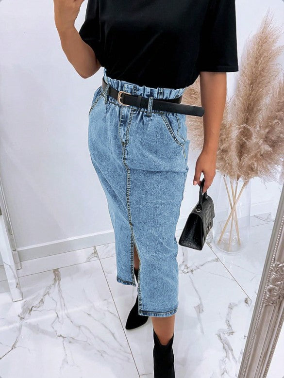 Women's High-Waisted Paperbag Denim Midi Skirt with Front Slit and Tied Belt Amarae