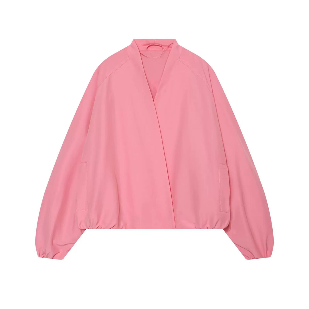 Women's bomber-style short jacket with kimono collar, balloon sleeves, and elastic hem Amarae