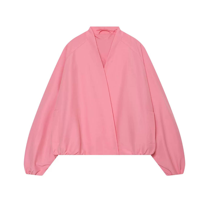 Women's bomber-style short jacket with kimono collar, balloon sleeves, and elastic hem Amarae