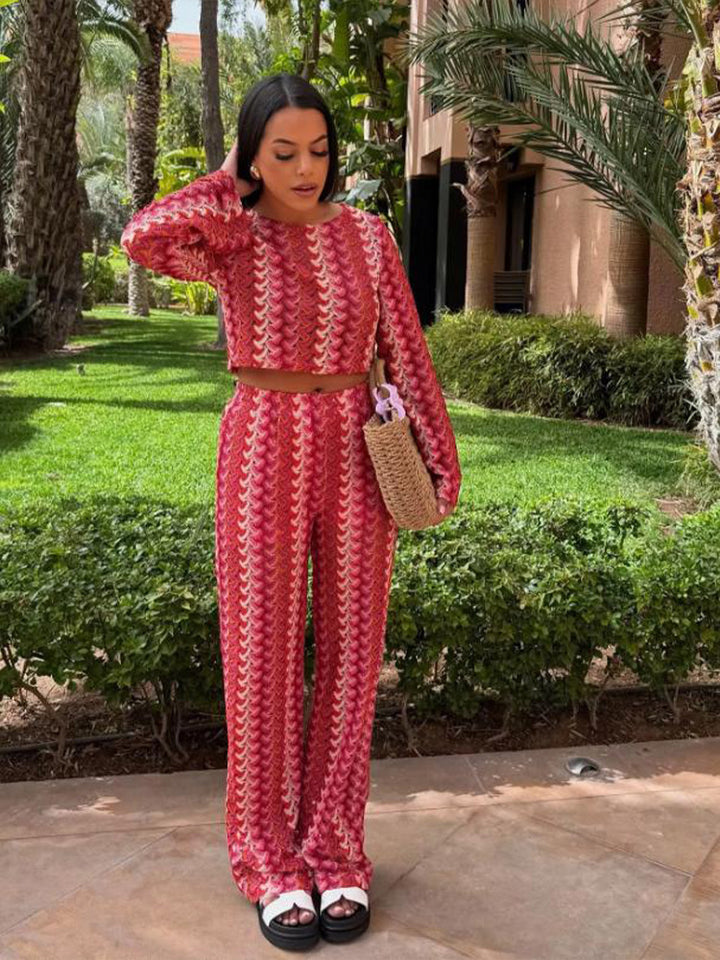 Women's Crocheted Two-Piece Lounge Set with Short Sweater and High-Waisted Palazzo Pants Amarae
