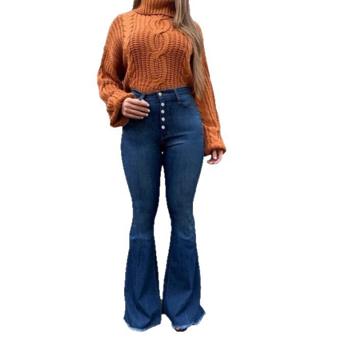 Ladies high-waisted retro flared jeans with visible button placket and flared leg Amarae