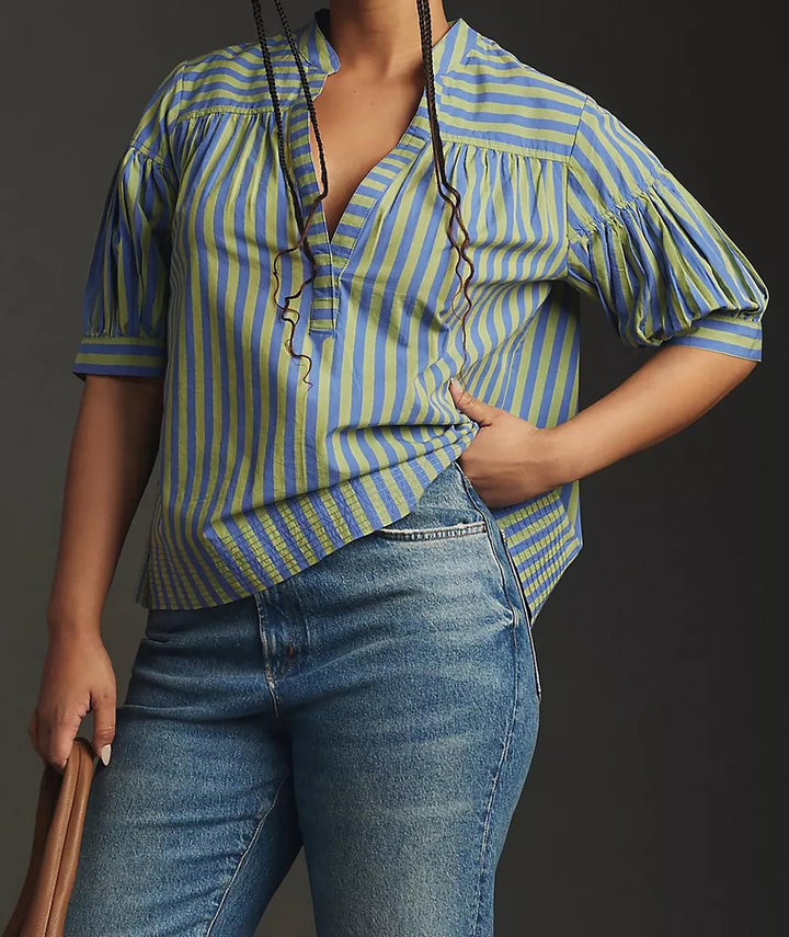 Puff sleeve blouse for ladies with V-neck and striped pattern Lune London