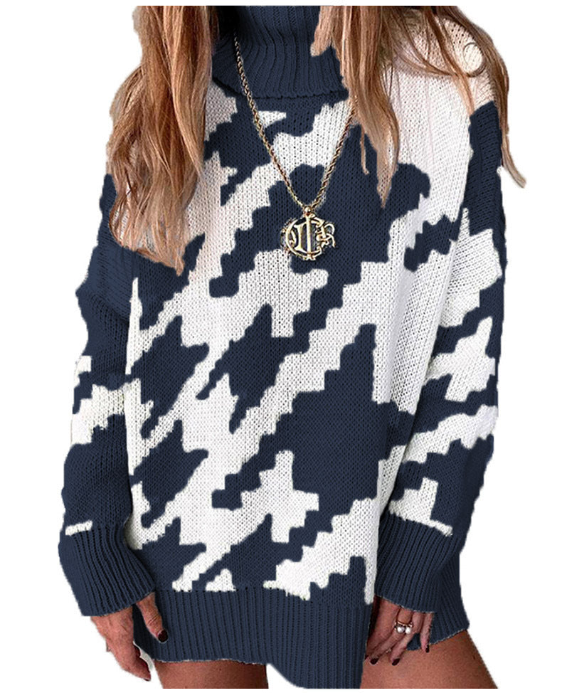 Knit sweater for women with high collar and modern zigzag pattern Lune London