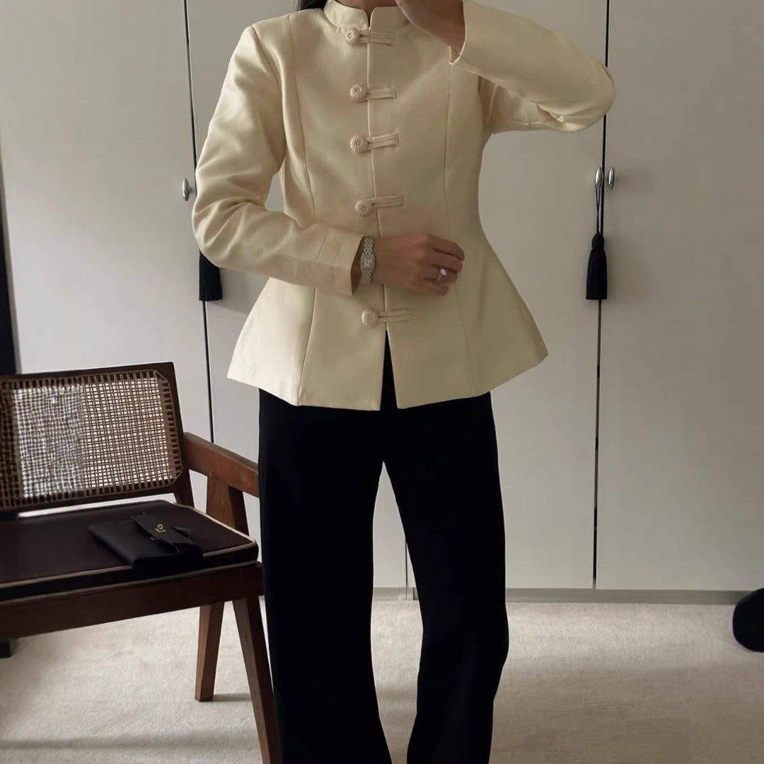 Women Tailored Mandarin Blazer with Frog Buttons and Shaping Darts Amarae