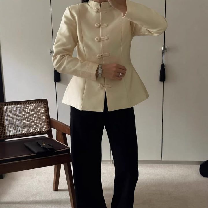 Women Tailored Mandarin Blazer with Frog Buttons and Shaping Darts Amarae