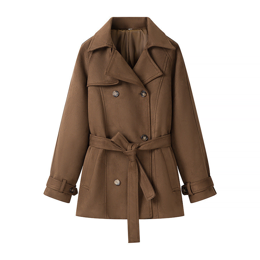 Women's short trench-style coat with double-breasted button placket, tie belt, and wide lapels Amarae