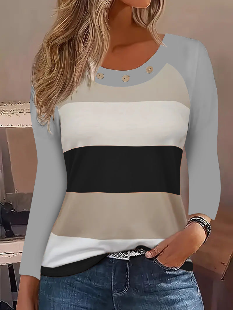 Long sleeve t-shirt for women with a trendy striped pattern and decorative buttons Lune London