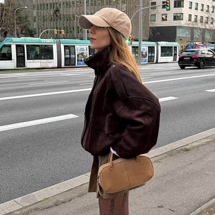 Women's Oversized Suede Bomber with Shoulder Epaulettes, Flap Pockets and High Stand-Up Collar Amarae