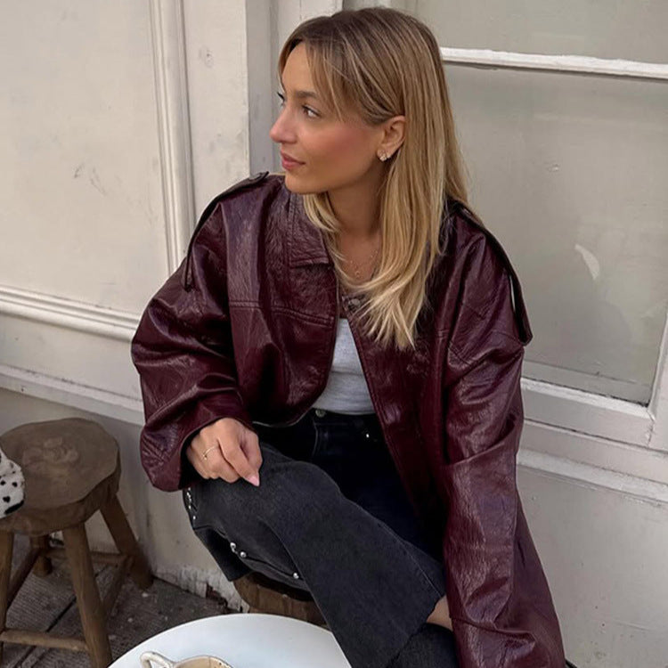 Women's short jacket in glossy patent look with boxy silhouette and dropped shoulders Amarae