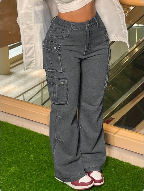 Women's Cargo Denim Pants with Wide Leg, High Waist & Multifunctional Flap Pockets Amarae