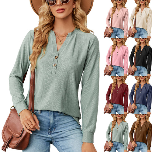 Women's long sleeve t-shirt with trendy Henley neckline and structured design Amarae