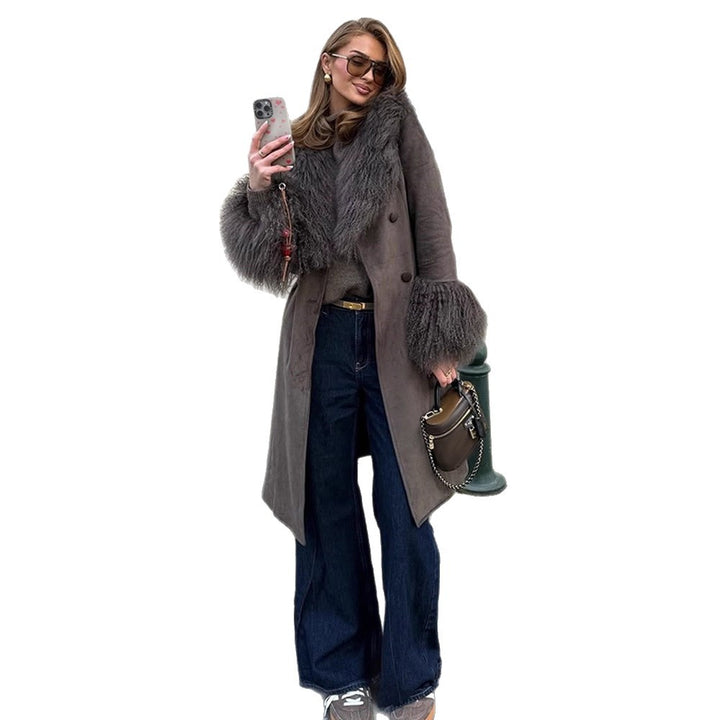 Women's coat made of suede leather look with voluminous faux fur shawl collar, fur cuffs & waist belt Amarae