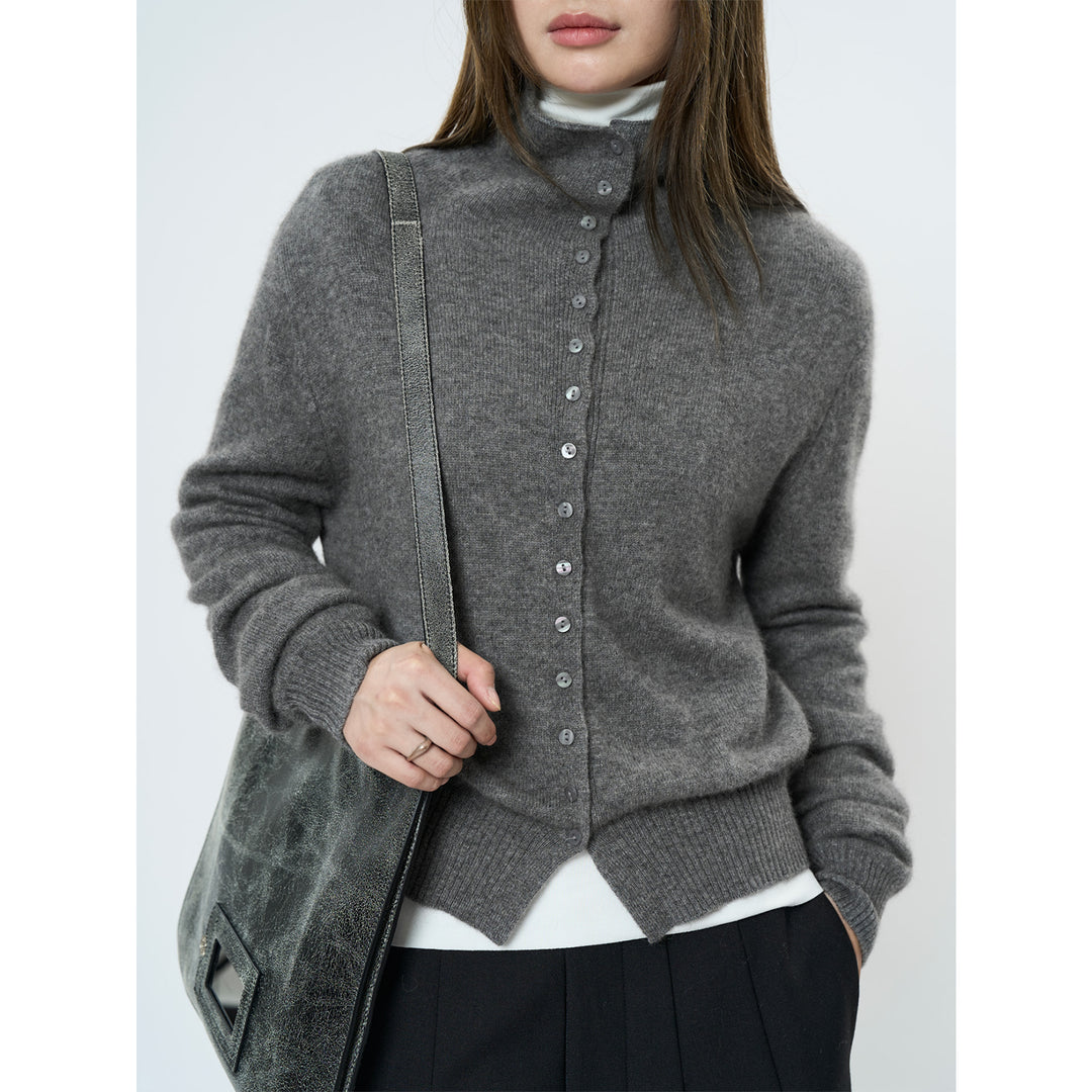 Women's Fluffy Button Cardigan with High Stand-Up Collar and Ribbed Hem Amarae
