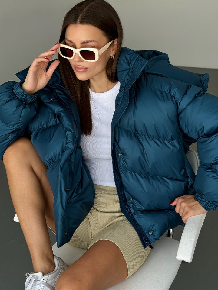 Ladies short puffer jacket with thermal filling, oversized hood & concealed two-way zipper Amarae