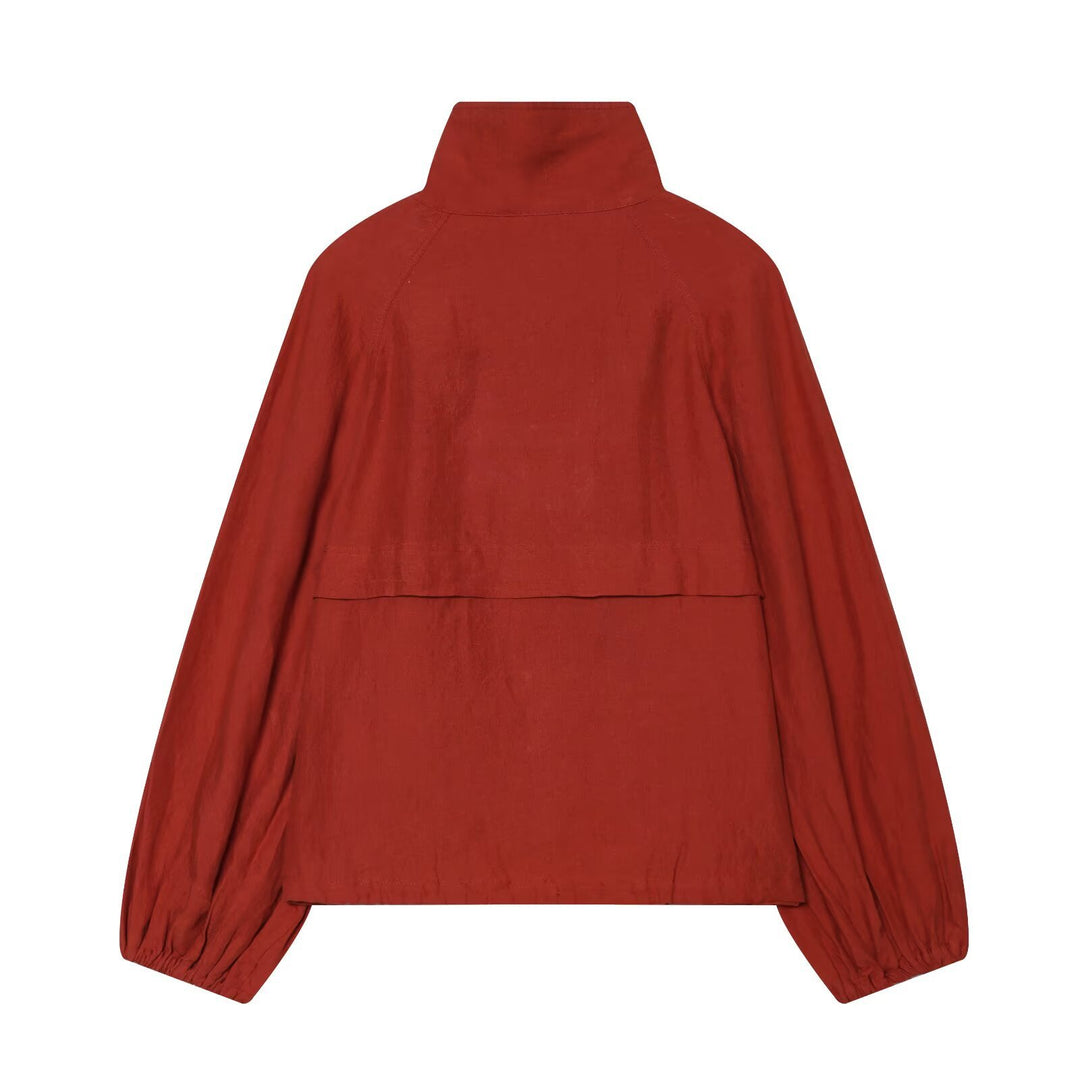 Ladies short jacket with high stand-up collar, continuous button placket and drawstring Amarae
