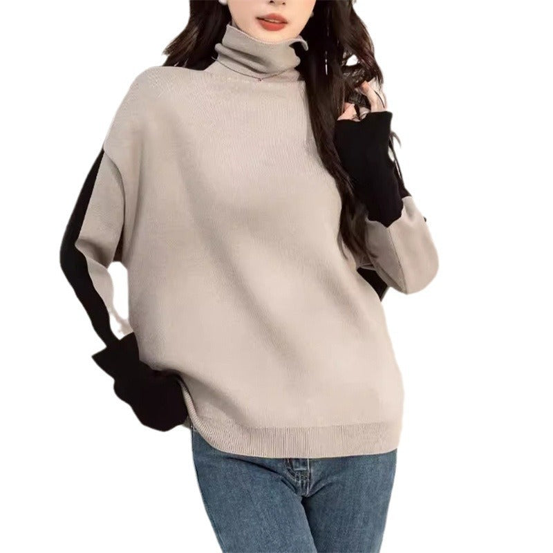 Femme Pull Col Roulé Décontracté avec Manches Contrastées Chic & Stil
