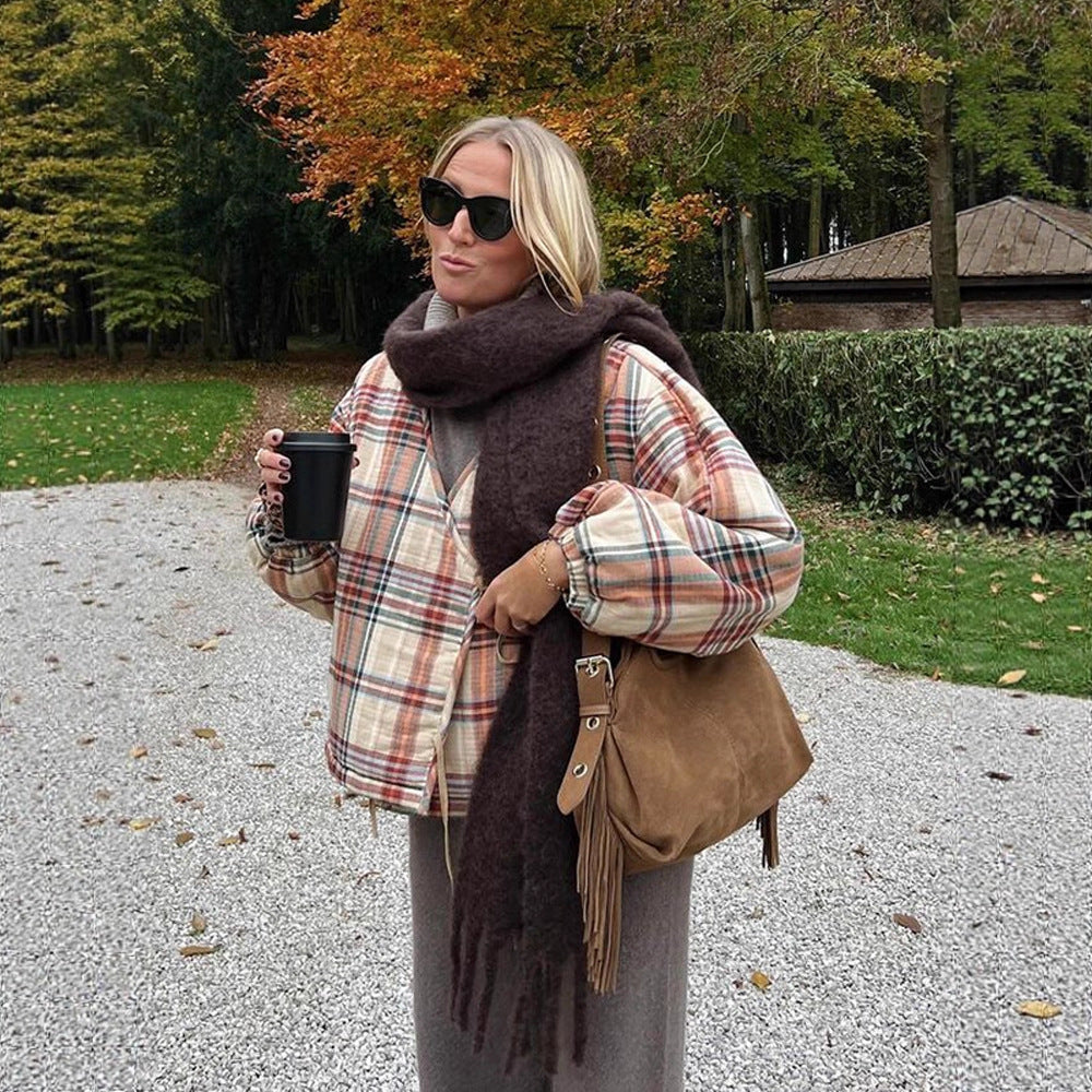 Women Padded Short Quilted Jacket in Check Pattern with Drawstring Hem and Oversized Sleeves Amarae