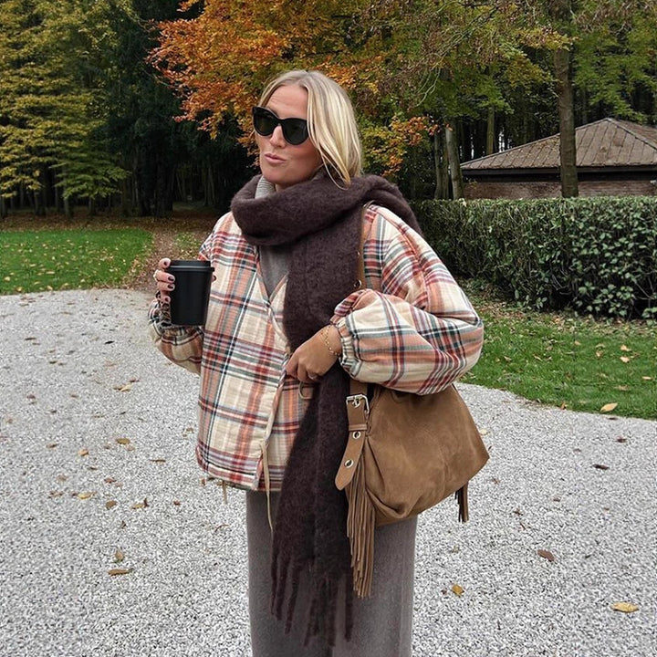 Women Padded Short Quilted Jacket in Check Pattern with Drawstring Hem and Oversized Sleeves Amarae