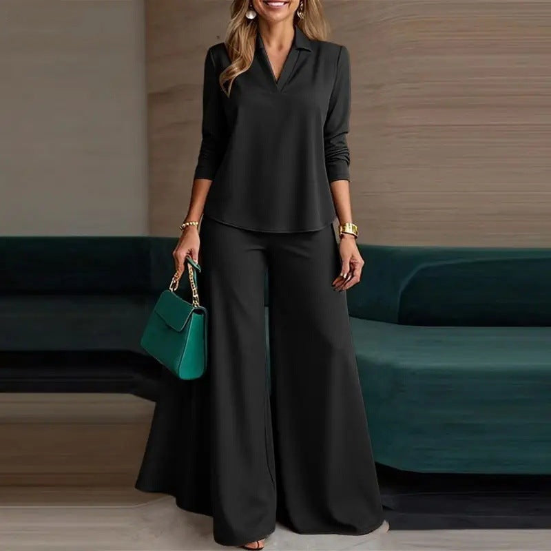 Ladies Elegant Two-Piece Palazzo Set with Shirt Collar Top and Wide Leg Amarae
