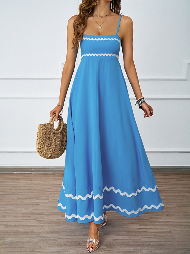 Women Long Maxi Dress with Spaghetti Straps and Decorative Hem Lune London